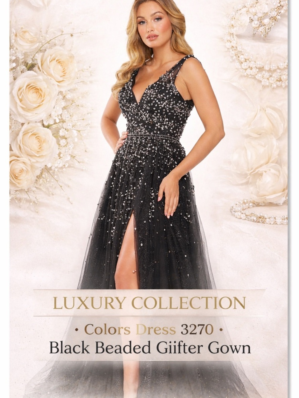 Colors Dress Black Beaded Glitter Gown Size 4 NWT Formal Prom Slit Dress